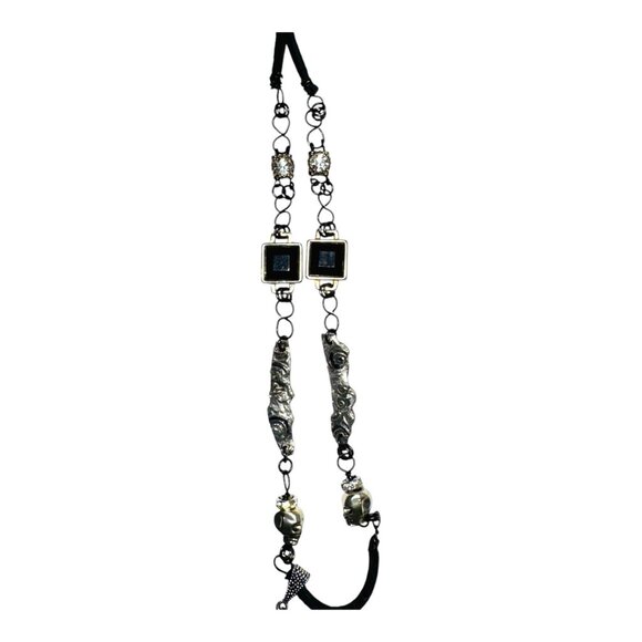 Mixed Media Crystal Skull Pendant & VNTG Art-Deco Black Onyx & Silver Metalwork - Picture 8 of 17